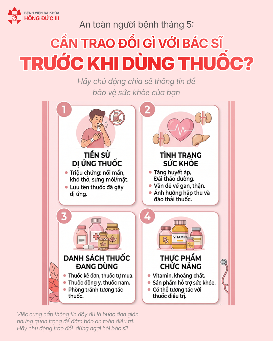 An toàn người bệnh tháng 5:
CẦN TRAO ĐỔI GÌ VỚI BÁC SĨ TRƯỚC KHI DÙNG THUỐC?